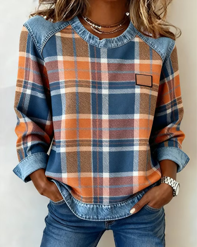 Women's Plaid Sweatshirt with Denim Trim
