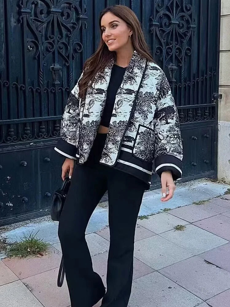 Women's Toile Print Open-Front Jacket with Shawl Collar