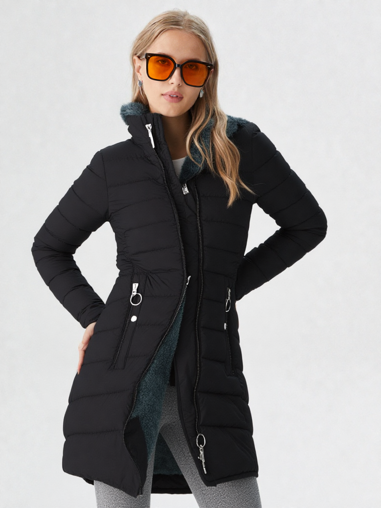Women's Quilted Winter Coat with Faux Fur-Trimmed Hood