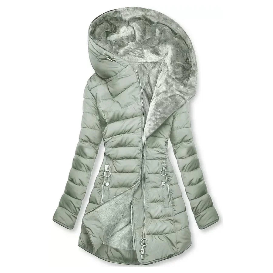 Women's Quilted Winter Coat with Faux Fur-Trimmed Hood