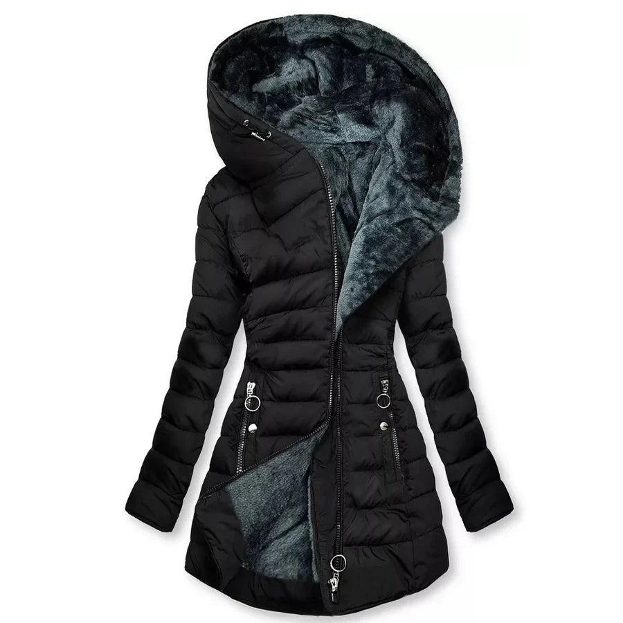 Women's Quilted Winter Coat with Faux Fur-Trimmed Hood