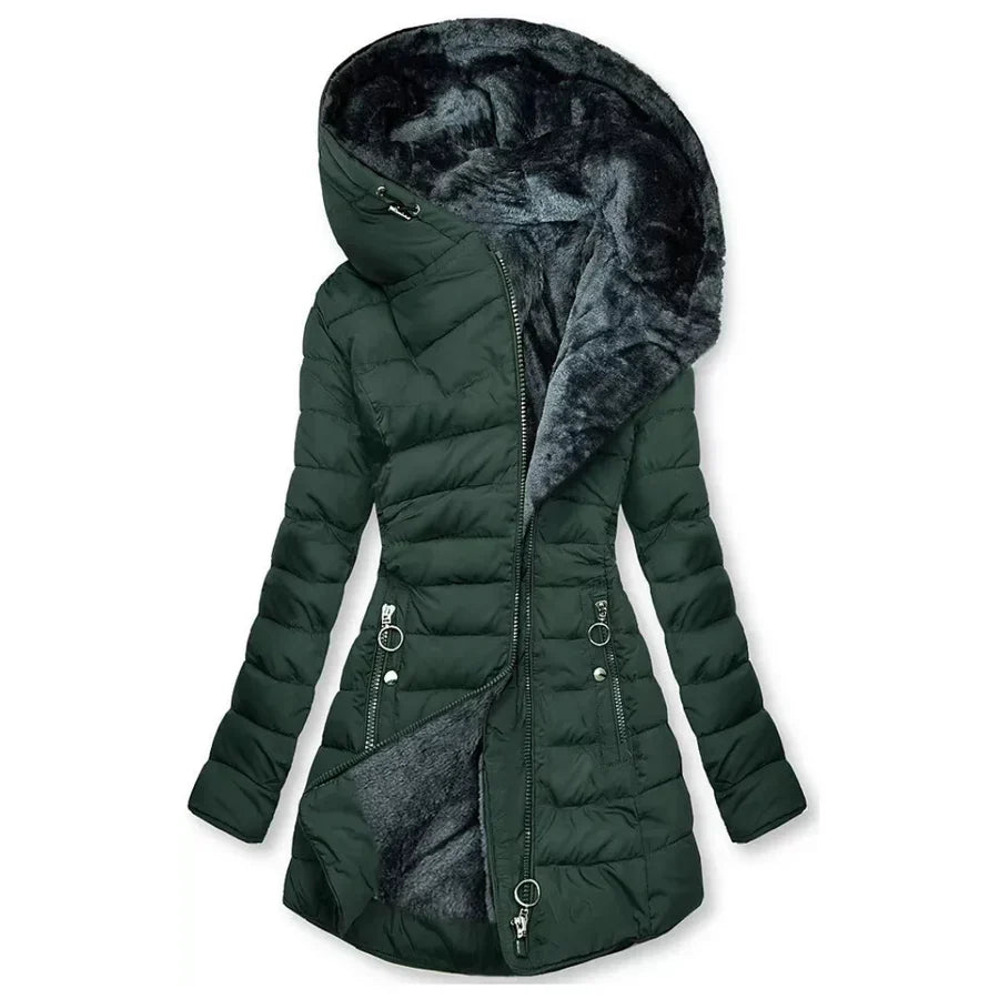 Women's Quilted Winter Coat with Faux Fur-Trimmed Hood
