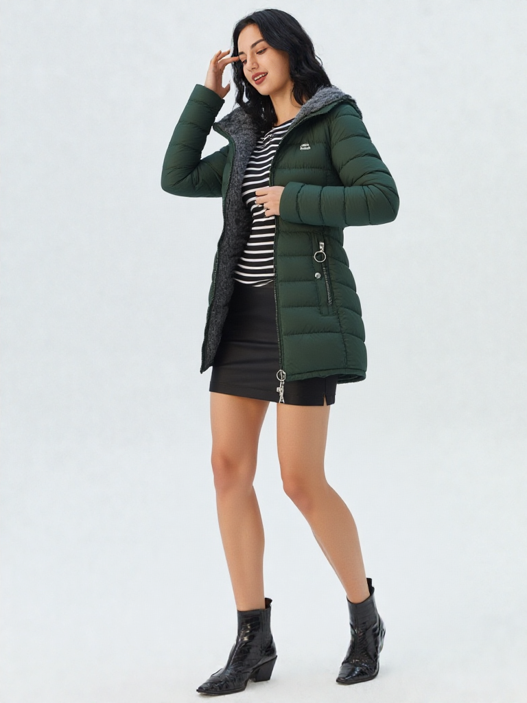 Women's Quilted Winter Coat with Faux Fur-Trimmed Hood