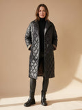 Women's Diamond Quilted Long Coat with Leopard Print Lining