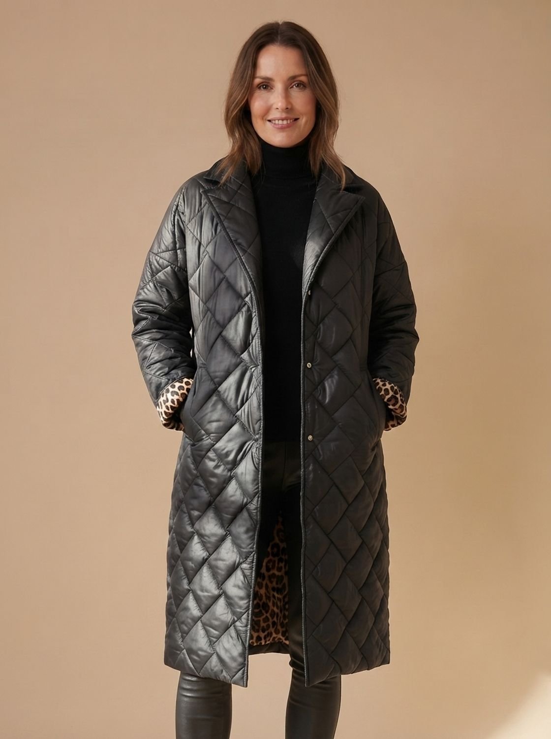 Women's Diamond Quilted Long Coat with Leopard Print Lining