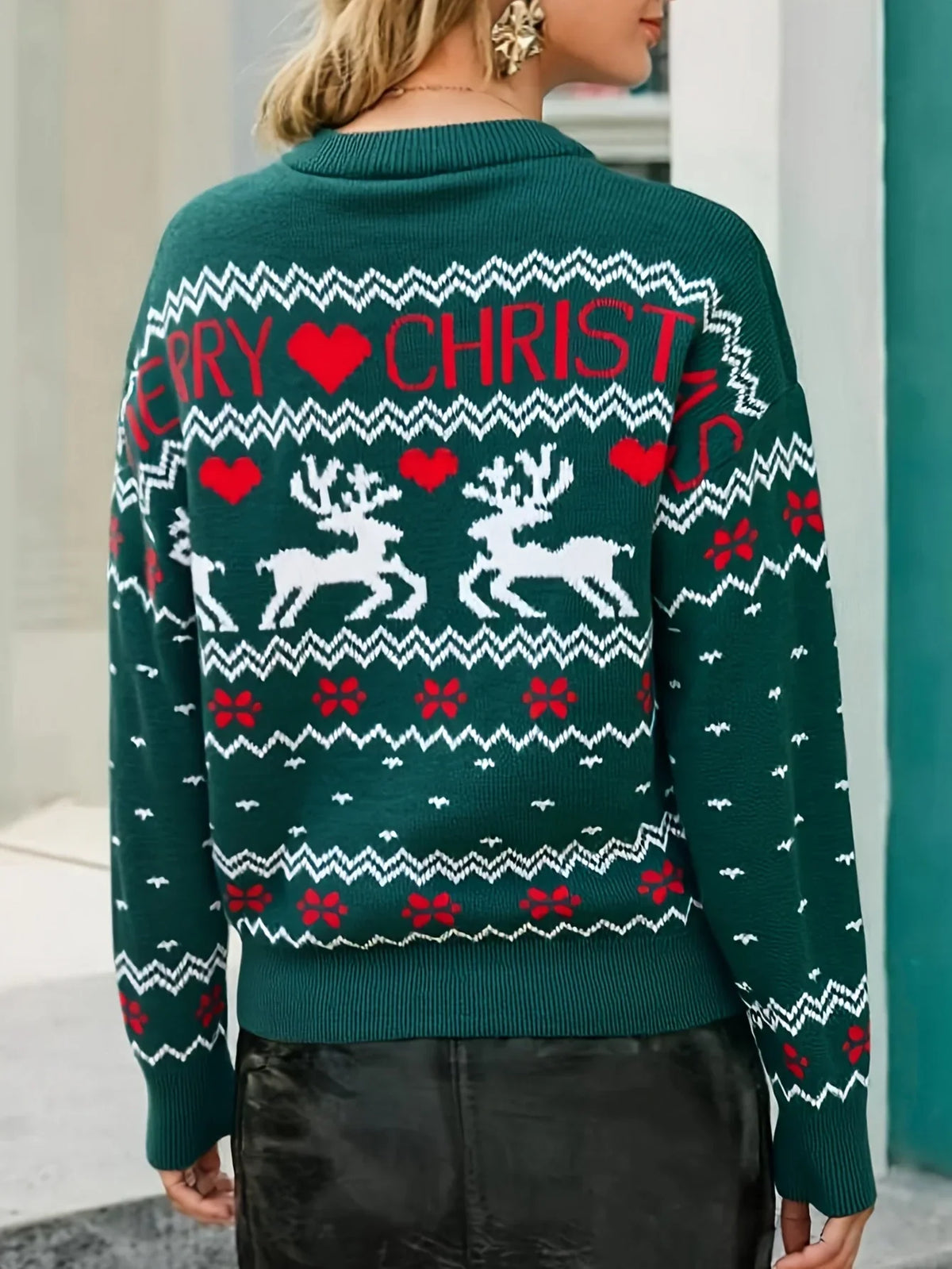 Women's Reindeer Jacquard Christmas Sweater Crew Neck