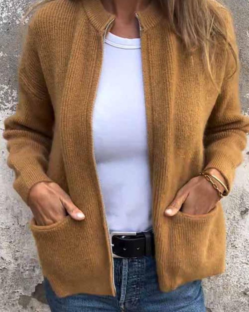 Women's Ribbed Full-Zip Pocket Cardigan