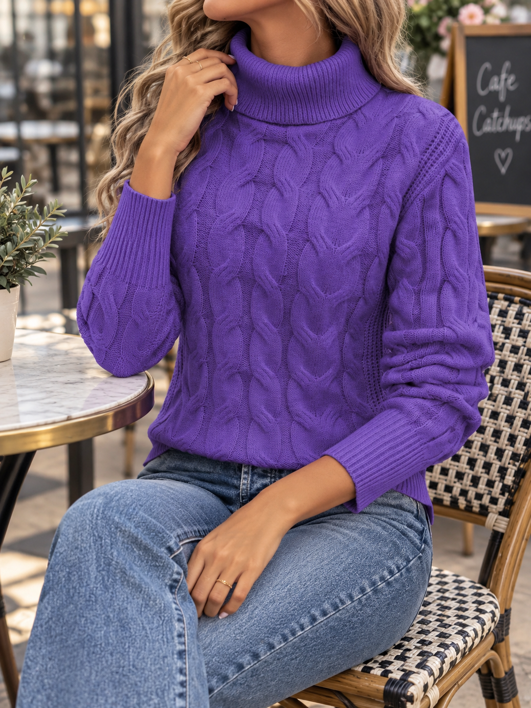 Women's Ribbed Turtleneck Cable Knit Sweater