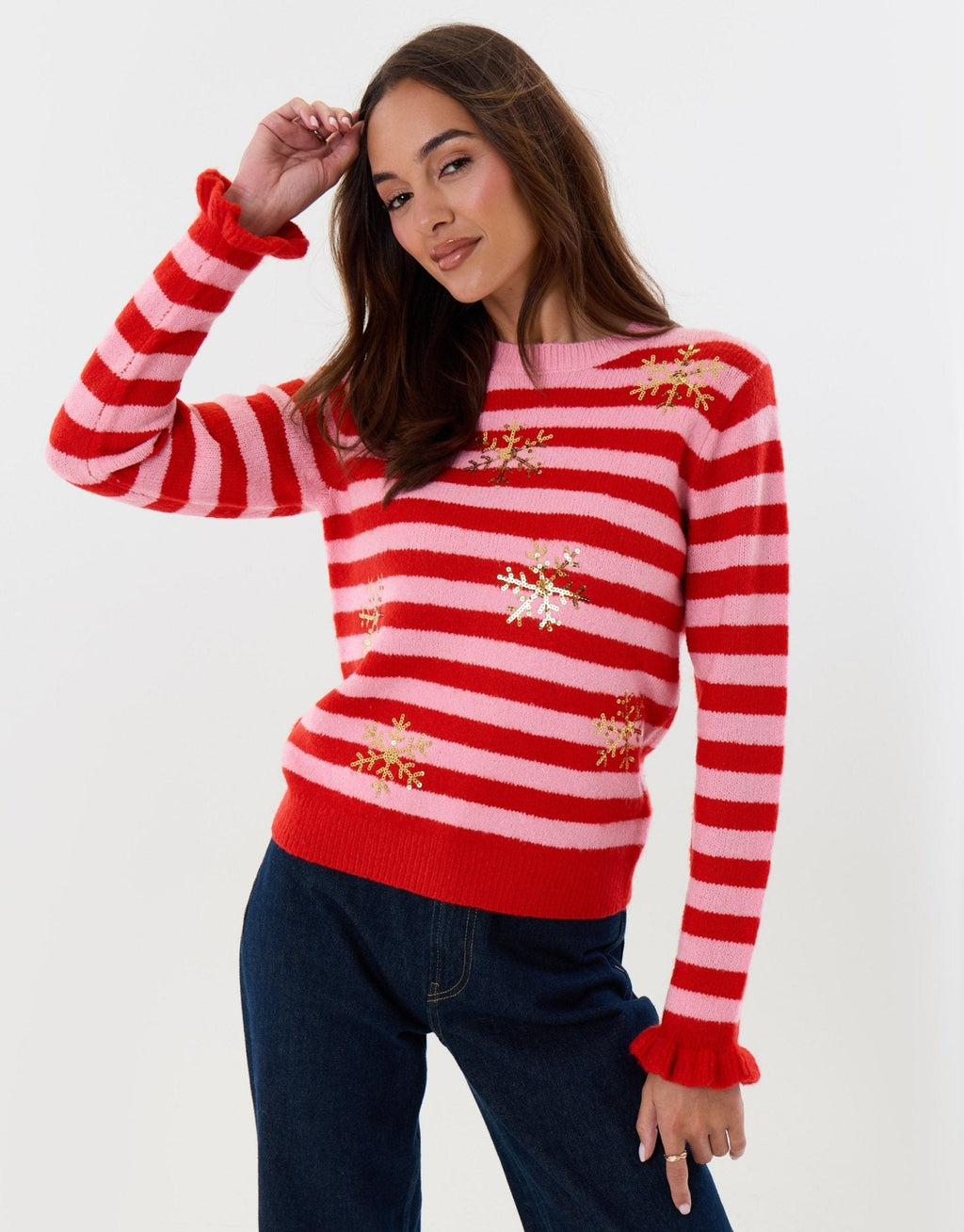 Women's Snowflake Sequin Christmas Sweater in Pink