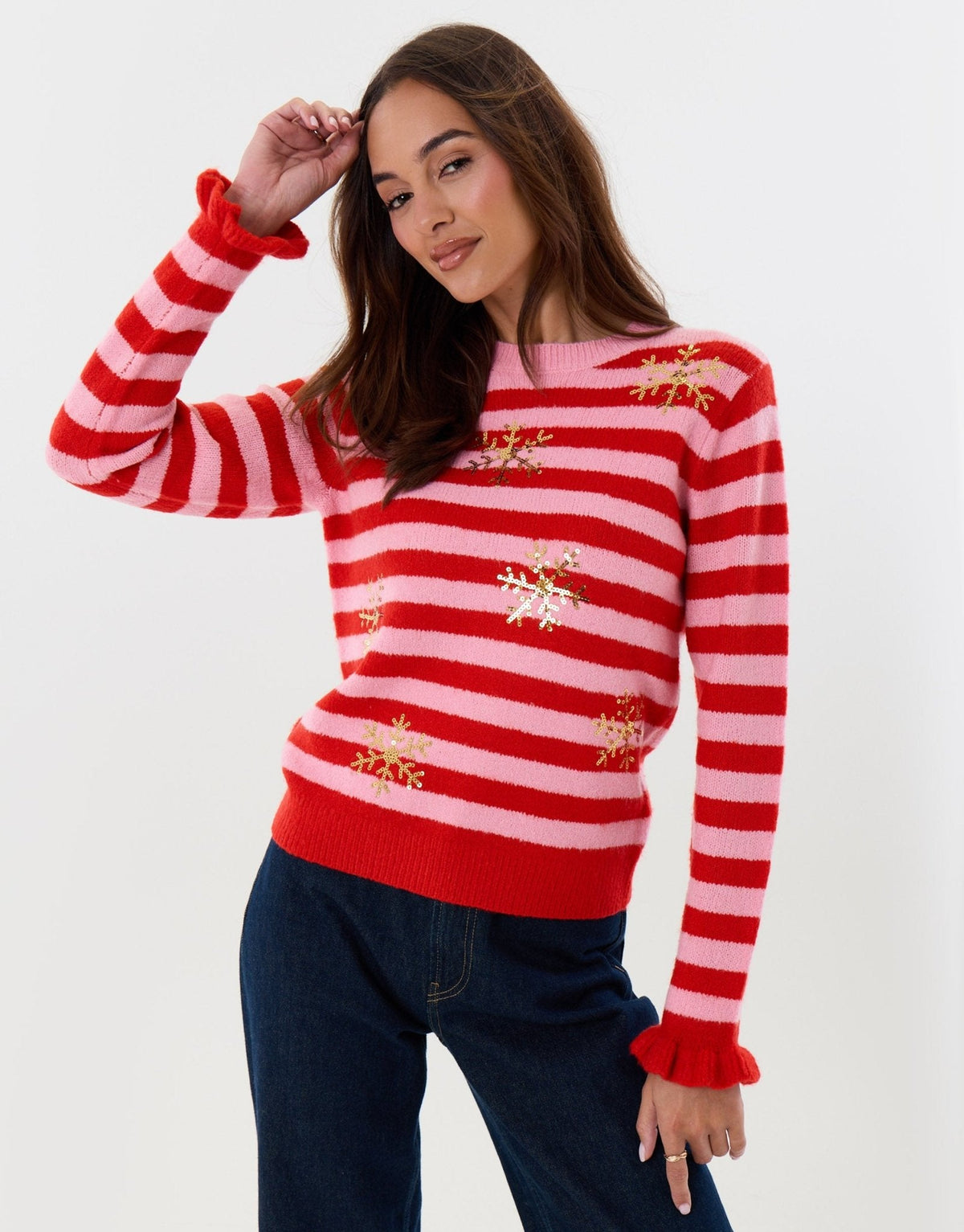 Women's Snowflake Sequin Christmas Sweater in Pink