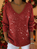 Women's Sparkly Sequin Christmas Sweater V-Neck