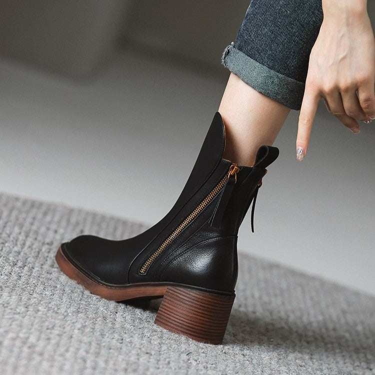 Women's Side-Zip Block Heel Faux Leather Ankle Booties