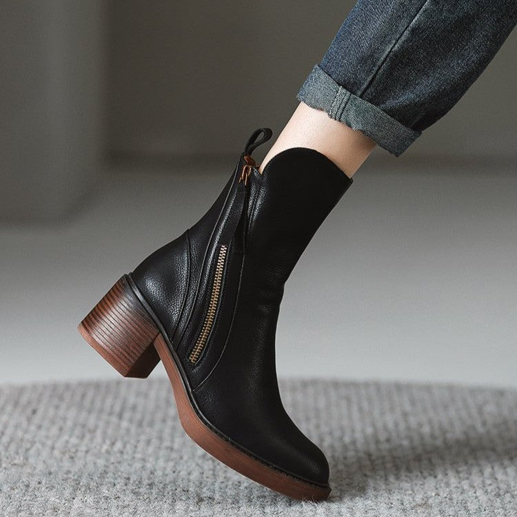 Women's Side-Zip Block Heel Faux Leather Ankle Booties