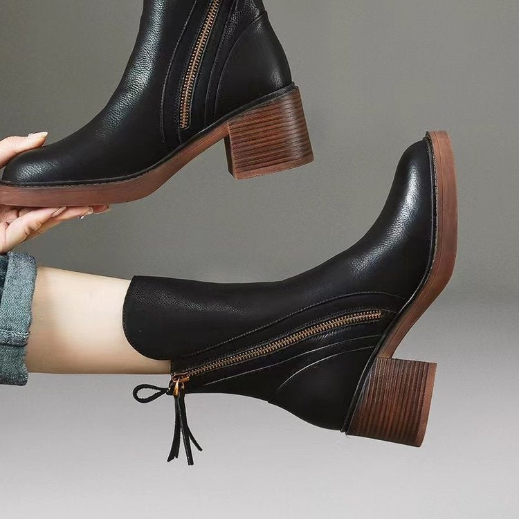 Women's Side-Zip Block Heel Faux Leather Ankle Booties