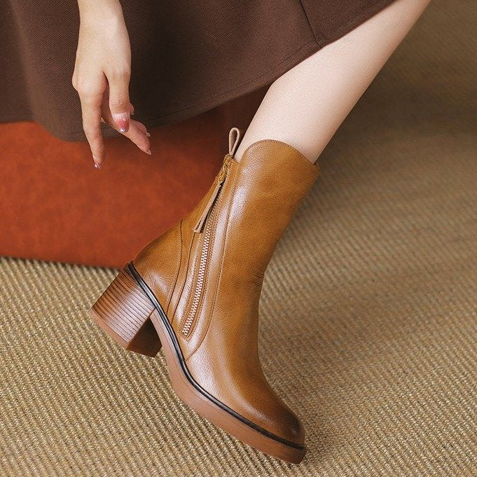 Women's Side-Zip Block Heel Faux Leather Ankle Booties