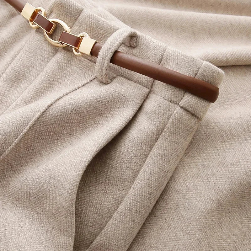 Women's Belted Herringbone Wool-Look Straight-Leg Pants