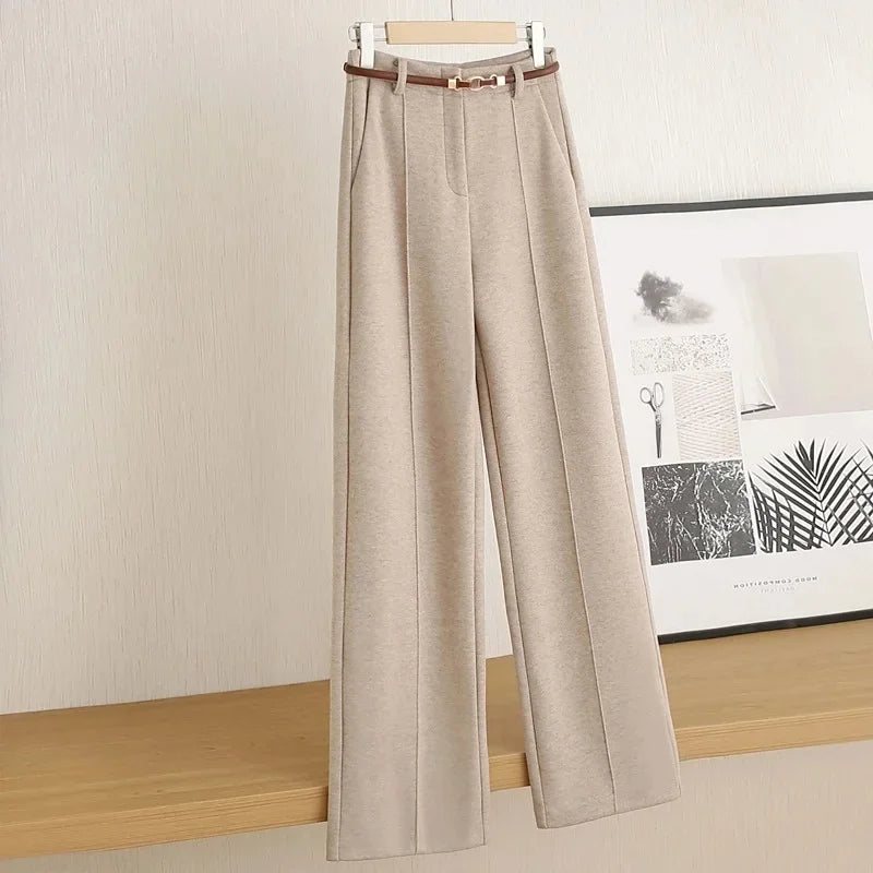 Women's Belted Herringbone Wool-Look Straight-Leg Pants