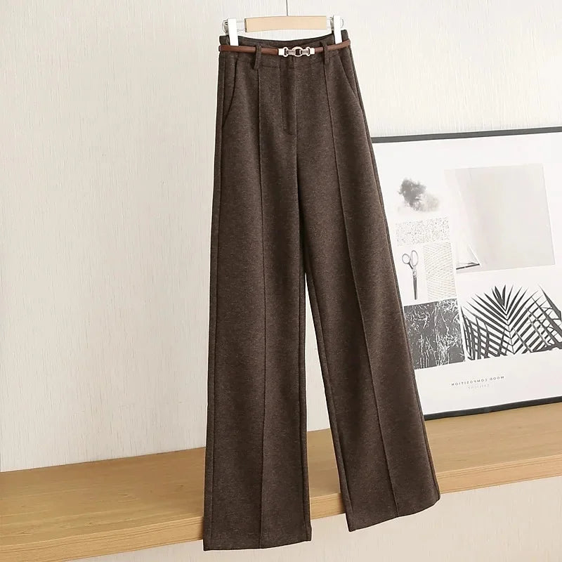 Women's Belted Herringbone Wool-Look Straight-Leg Pants