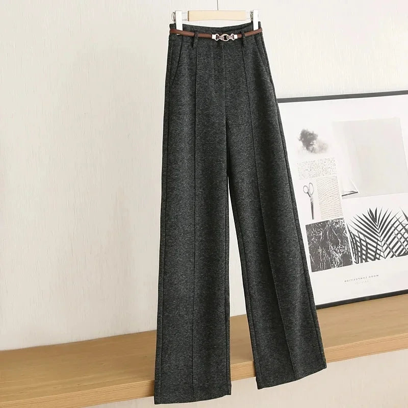 Women's Belted Herringbone Wool-Look Straight-Leg Pants