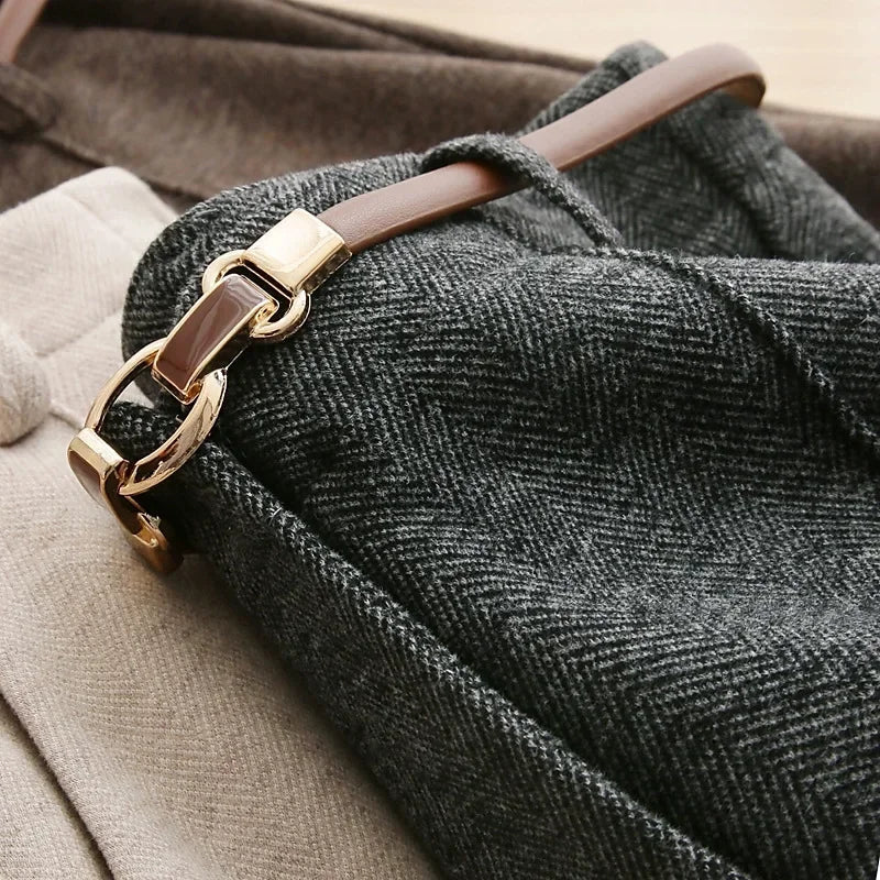 Women's Belted Herringbone Wool-Look Straight-Leg Pants