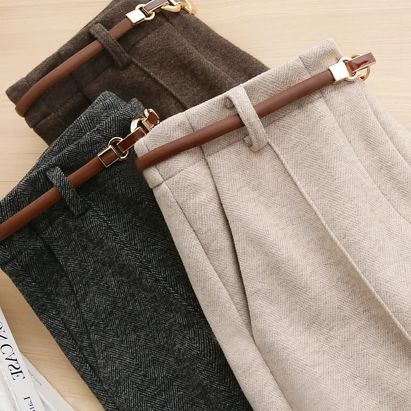Women's Belted Herringbone Wool-Look Straight-Leg Pants