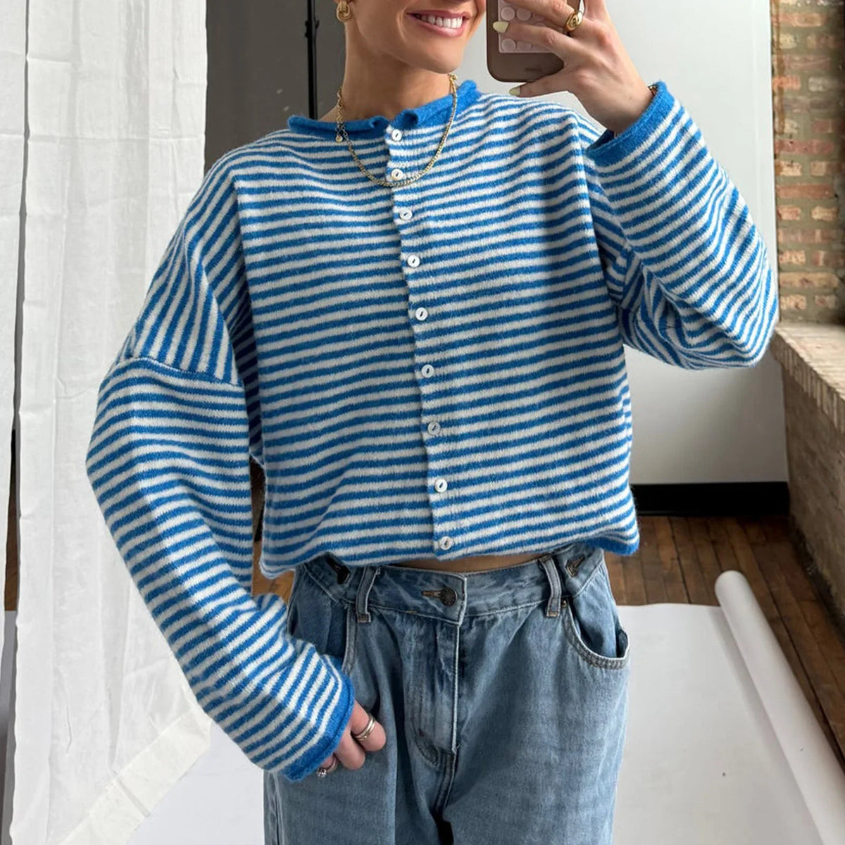 Women's Striped Button-Front Cardigan