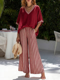 Women's Striped V-Neck Top and Wide-Leg Pants Set