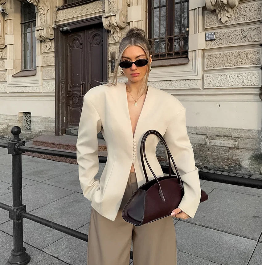 Women's Structured V-Neck Blazer in Beige