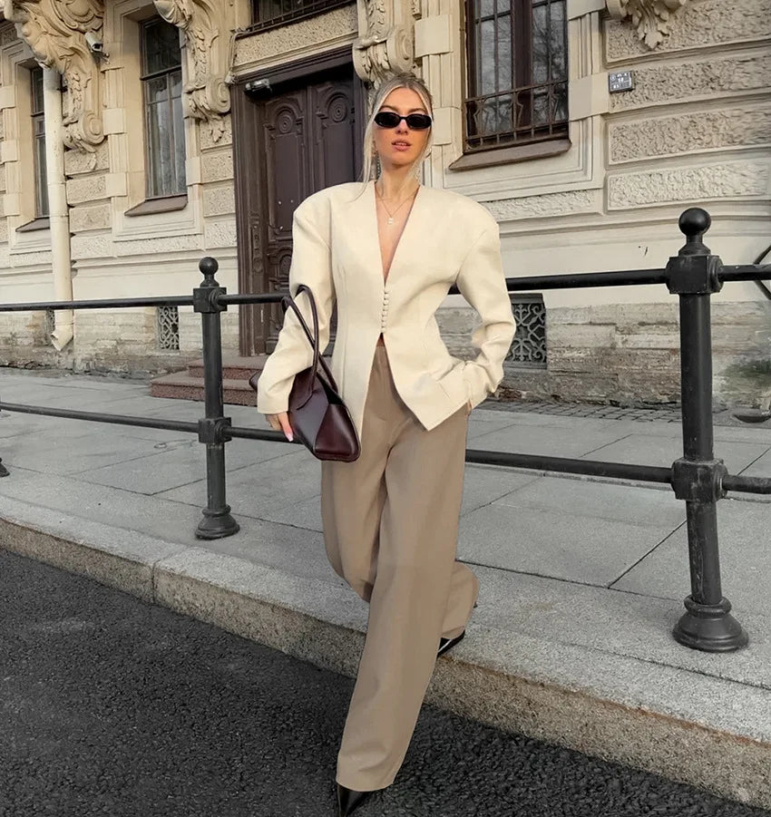 Women's Structured V-Neck Blazer in Beige