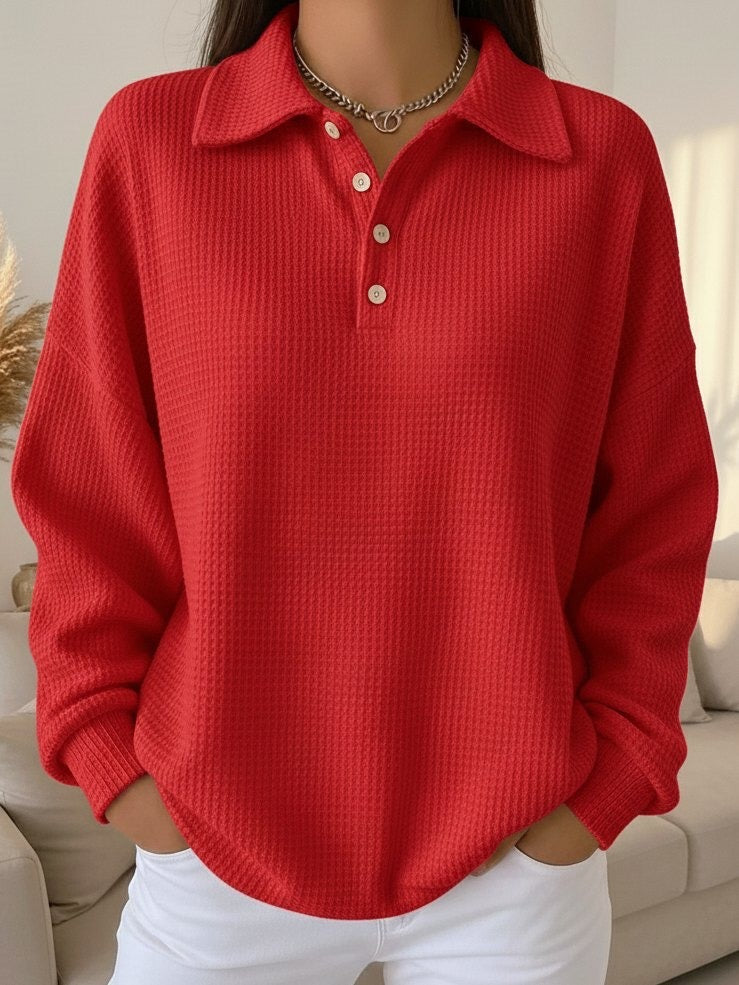 Women's Textured Knit Button-Placket Polo Sweater