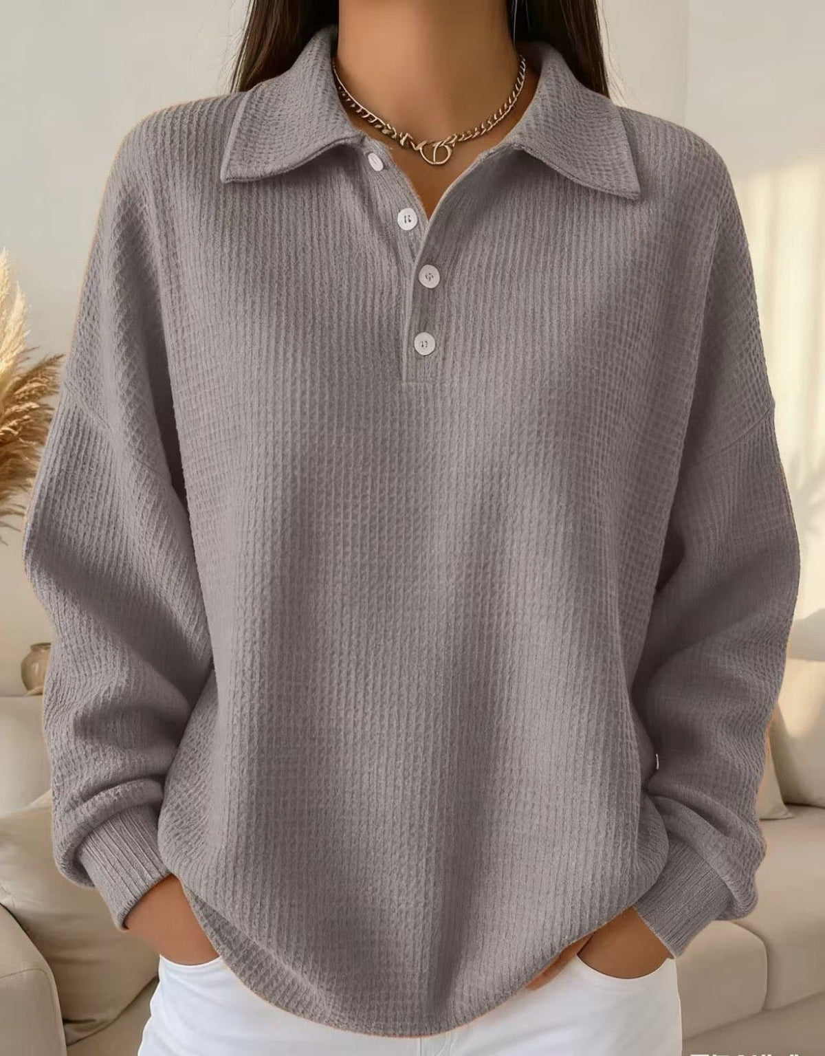 Women's Textured Knit Button-Placket Polo Sweater