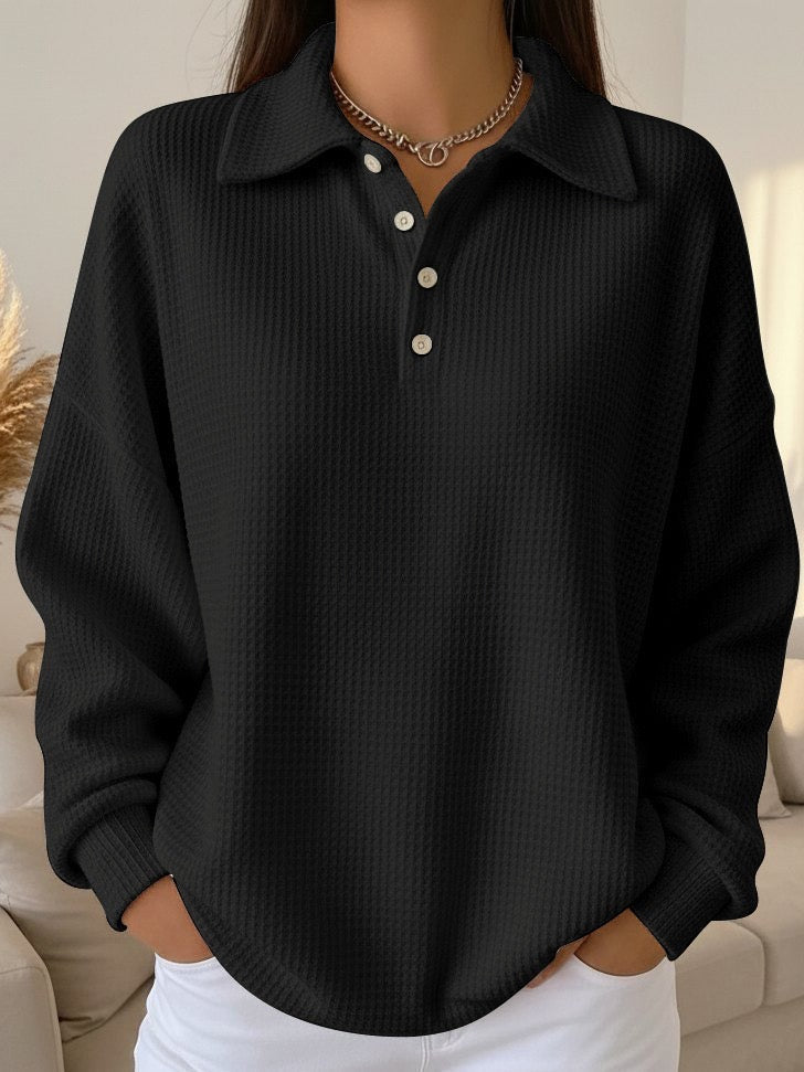 Women's Textured Knit Button-Placket Polo Sweater