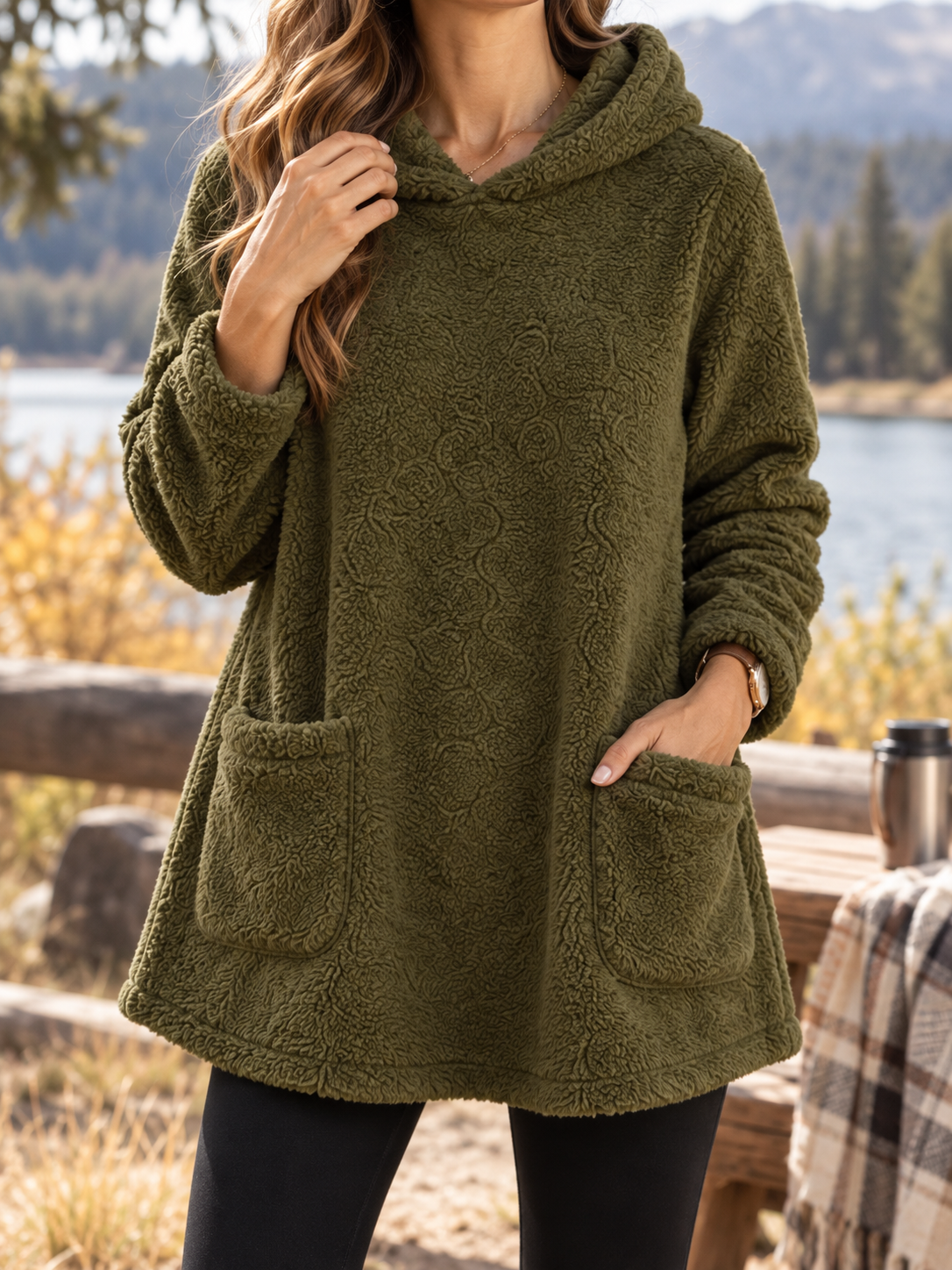 Women's Textured Patch-Pocket Pullover Hoodie