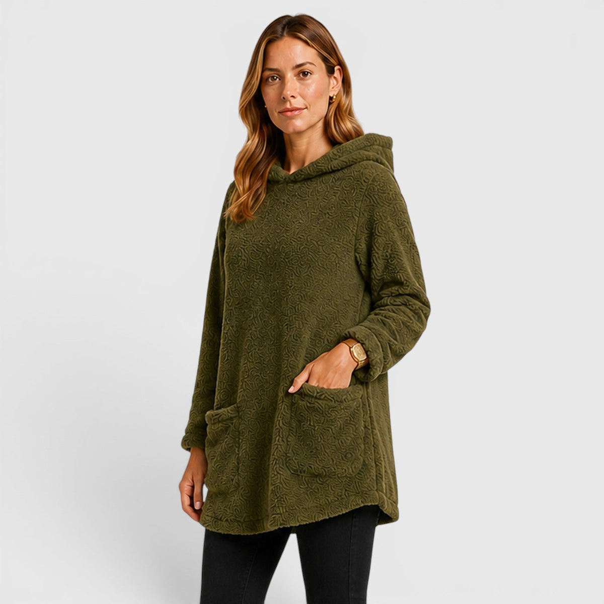 Women's Textured Patch-Pocket Pullover Hoodie