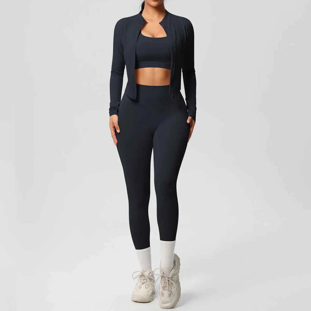 Women's Three-Piece Workout Set with Zip Jacket and Leggings