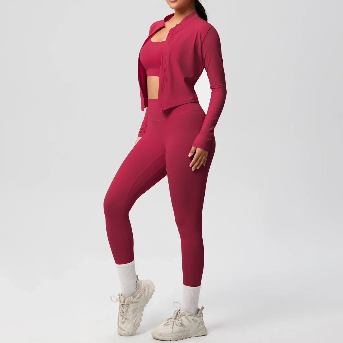 Women's Three-Piece Workout Set with Zip Jacket and Leggings