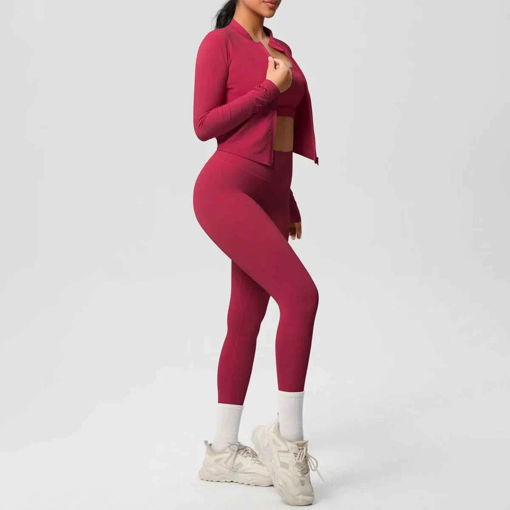 Women's Three-Piece Workout Set with Zip Jacket and Leggings