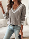 Women's V-Neck Cable Knit Jumper with Striped Trim