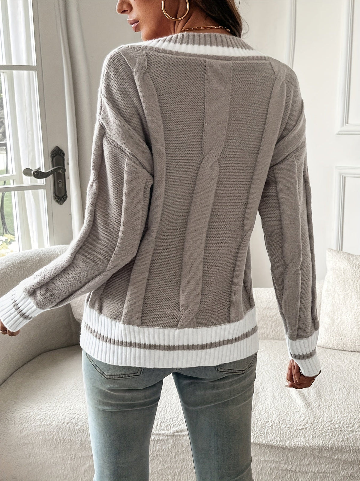 Women's V-Neck Cable Knit Jumper with Striped Trim