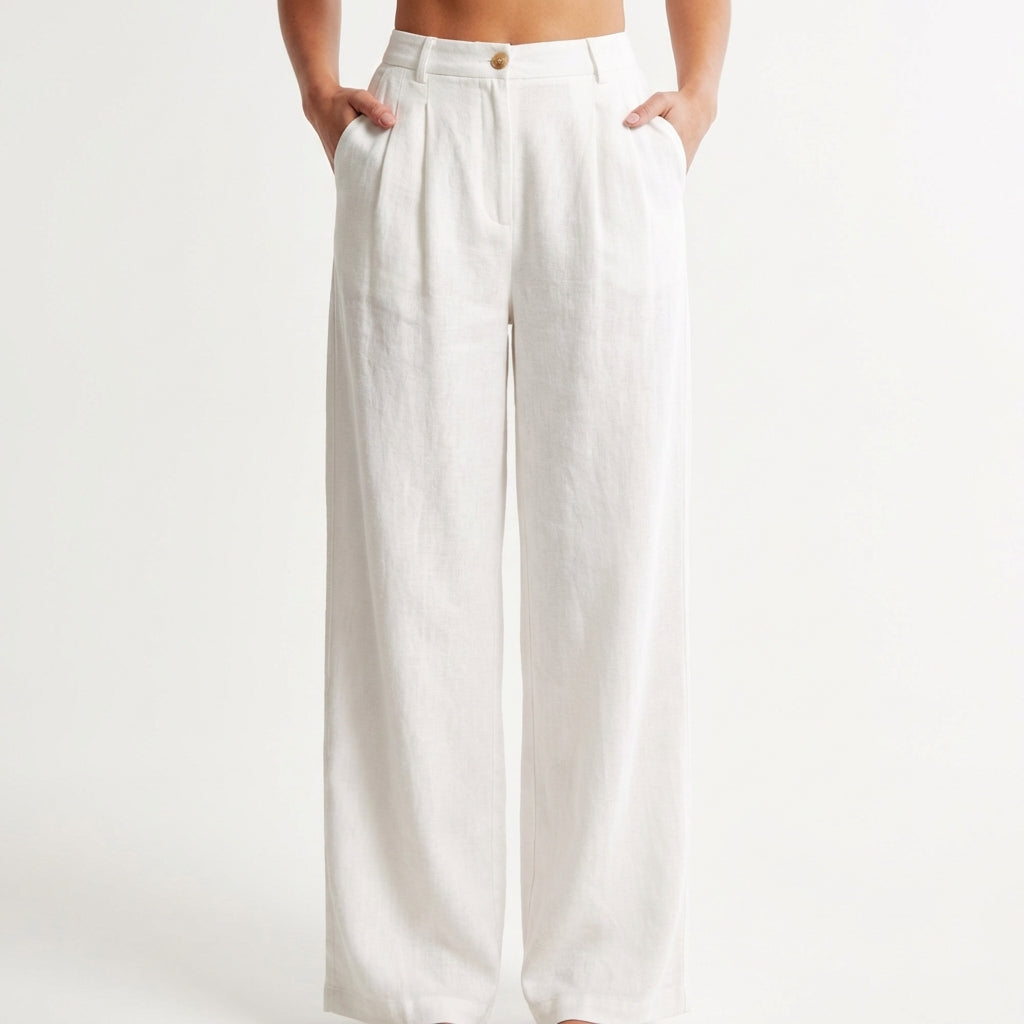 Women's Pleated Wide-Leg Pants with Pockets in White