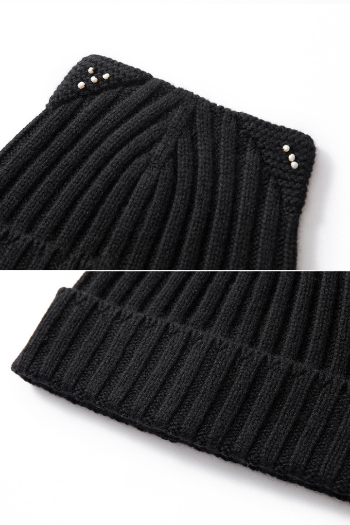 Women's Wide Rib Knit Beanie with Pearl Detail