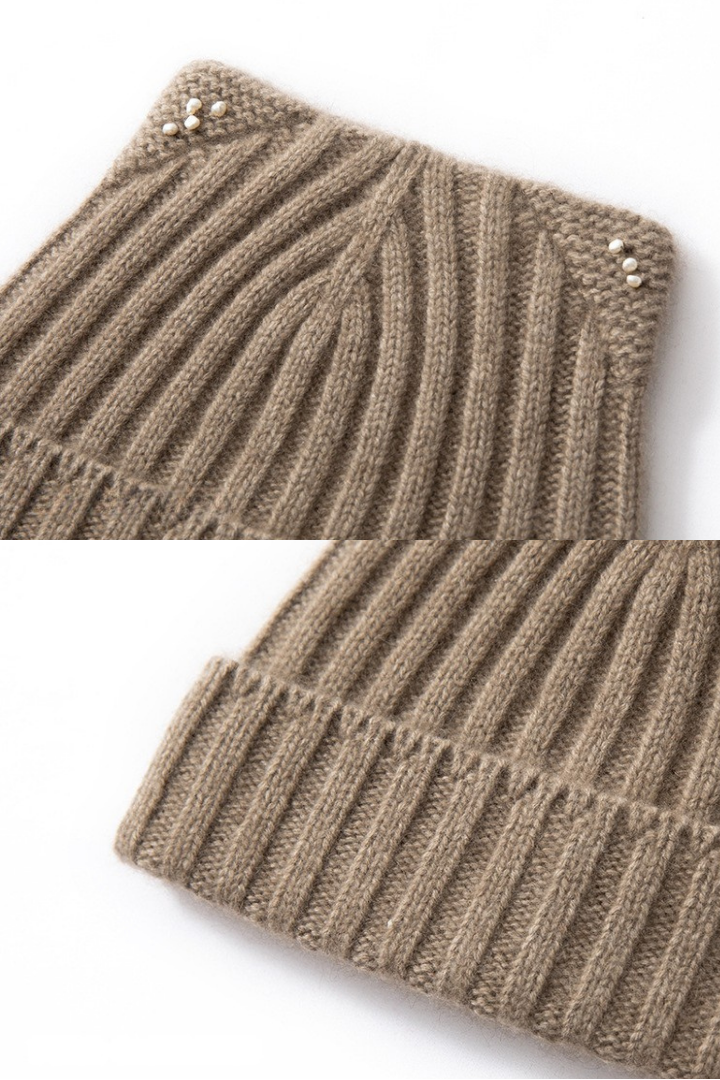 Women's Wide Rib Knit Beanie with Pearl Detail