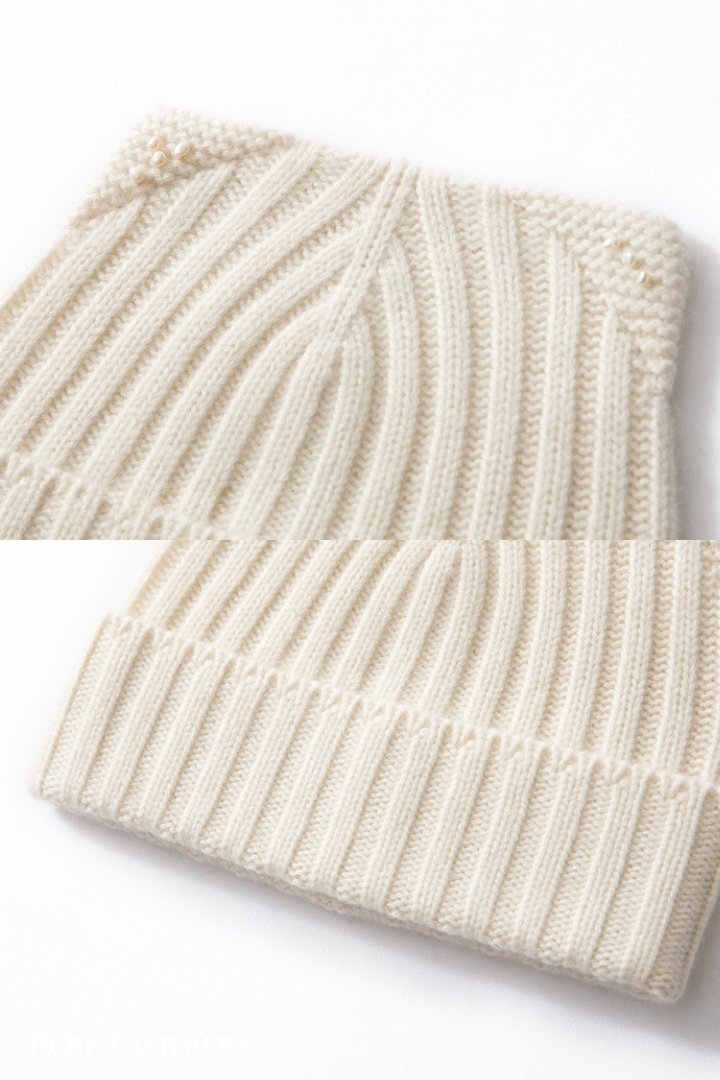 Women's Wide Rib Knit Beanie with Pearl Detail