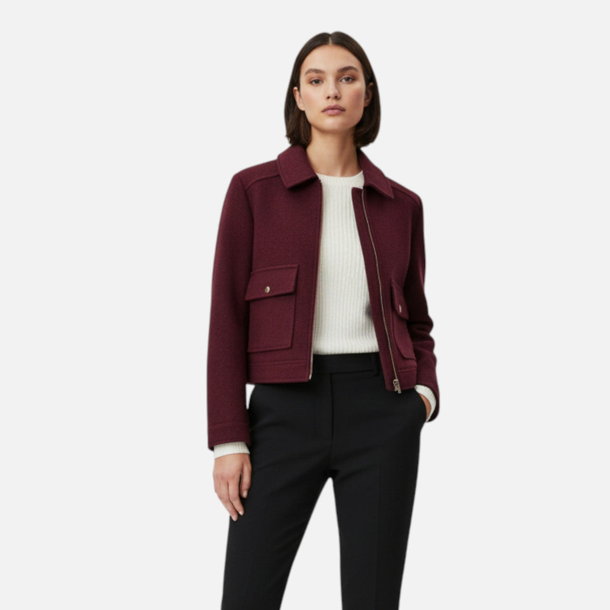 Women's Cropped Zip-Up Wool-Look Jacket with Flap Pockets