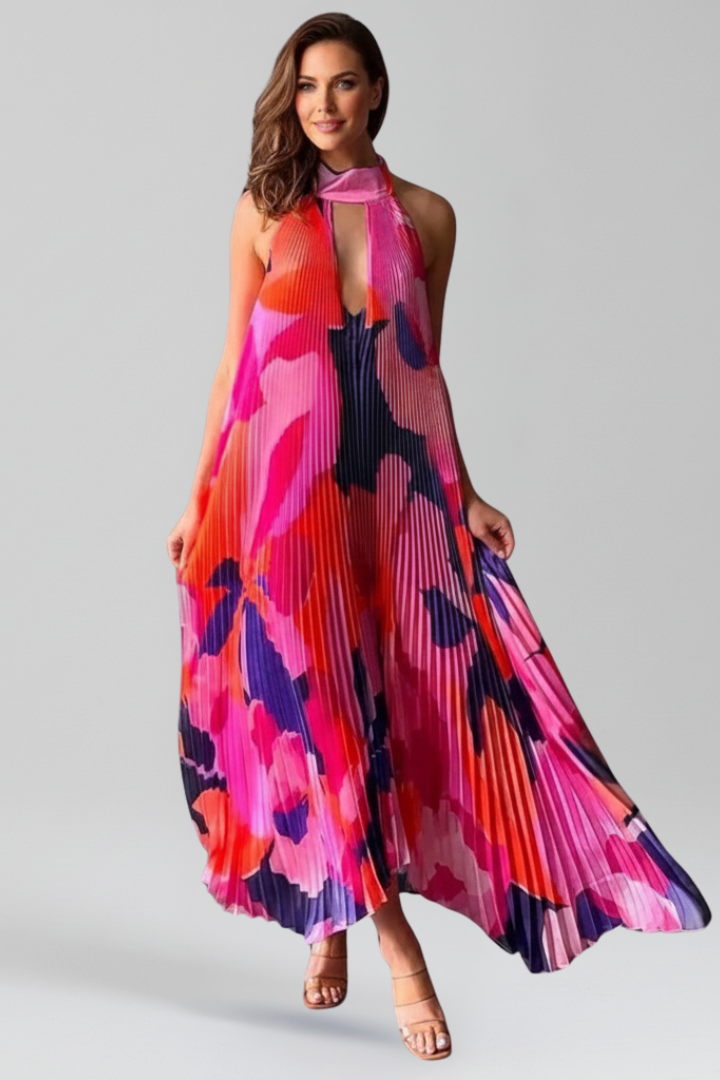 Yasmine | Women's Pleated Sleeveless Halter Neck Maxi Dress