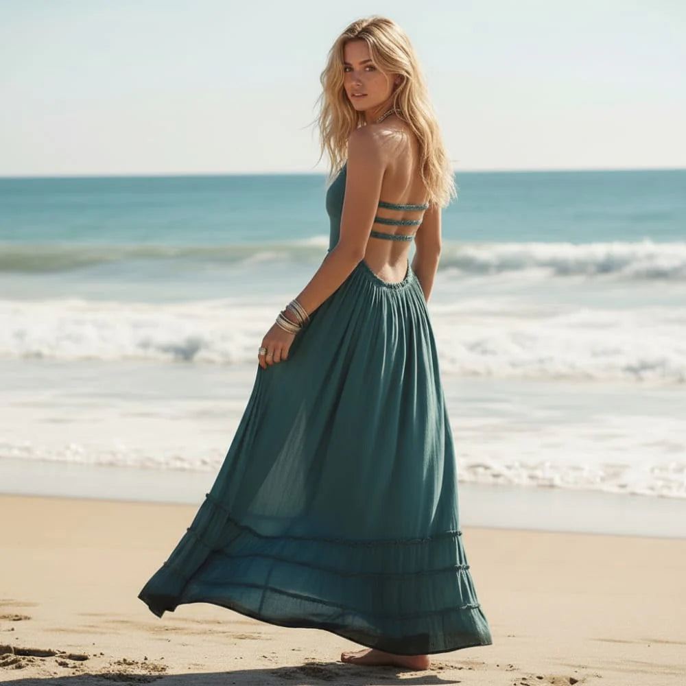 Yvonne | Women's Halter Neck Backless Ruffle Flowy Maxi Dress