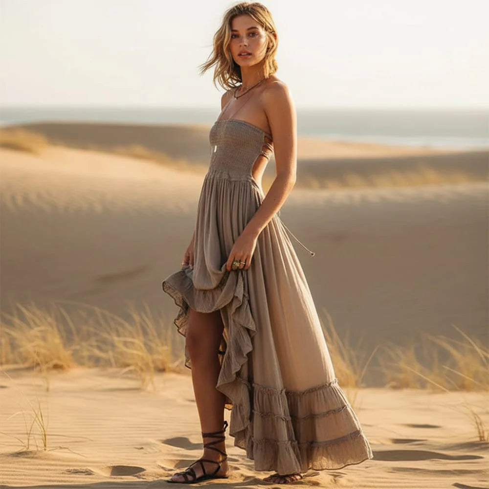 Yvonne | Women's Halter Neck Backless Ruffle Flowy Maxi Dress