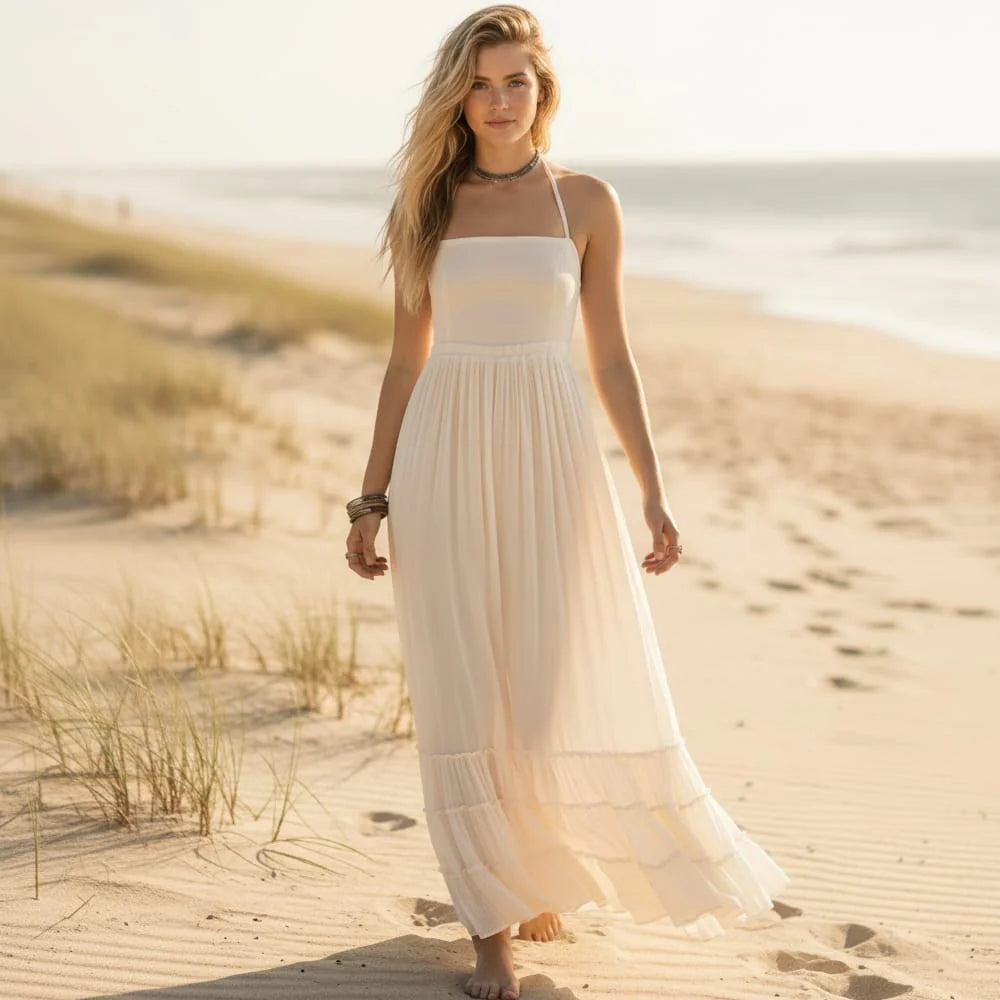 Yvonne | Women's Halter Neck Backless Ruffle Flowy Maxi Dress
