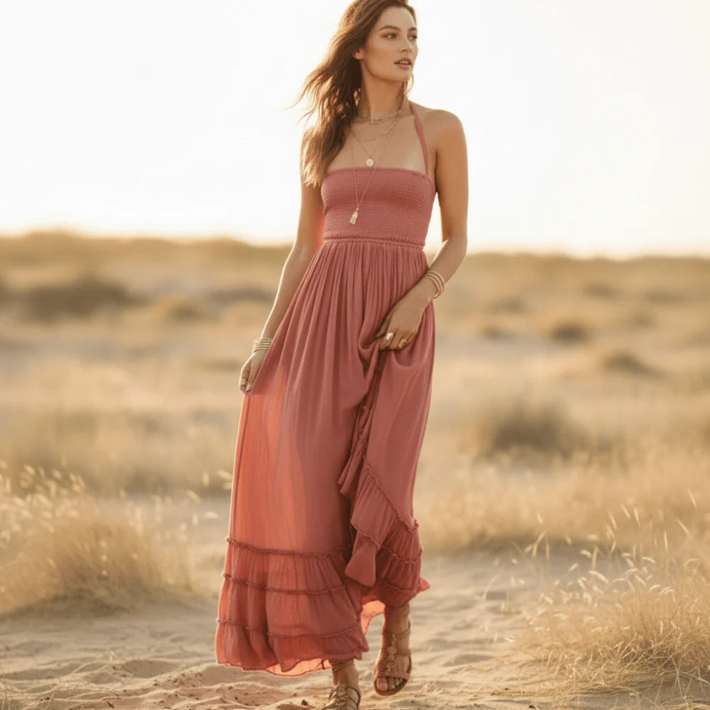 Yvonne | Women's Halter Neck Backless Ruffle Flowy Maxi Dress