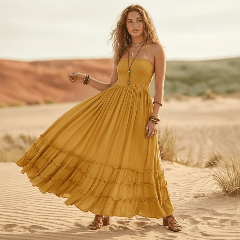 Yvonne | Women's Halter Neck Backless Ruffle Flowy Maxi Dress